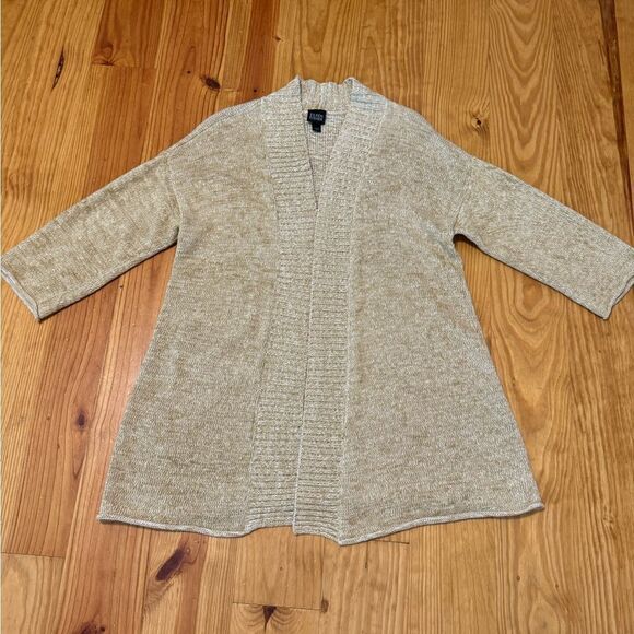 EILEEN FISHER Cardigan Women’s LRG Textured Open Front Neck Cotton Green Beige - Picture 3 of 9